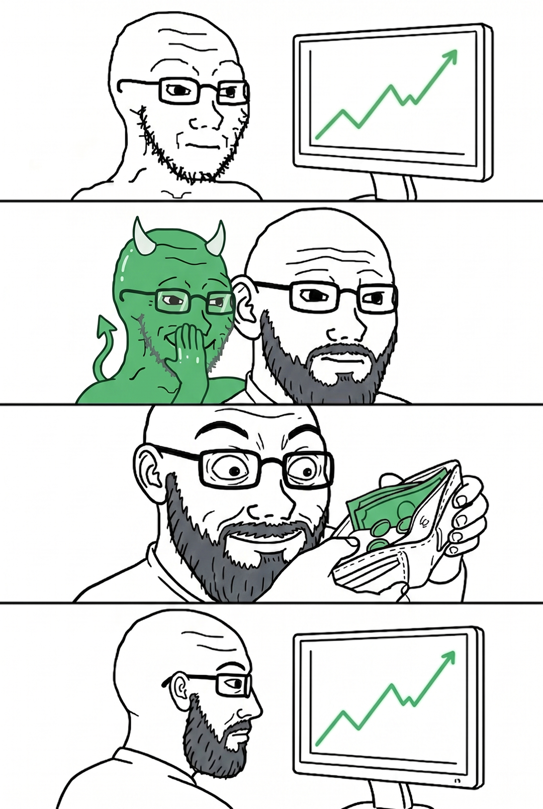 A comic strip of the voice making the trader buy again.