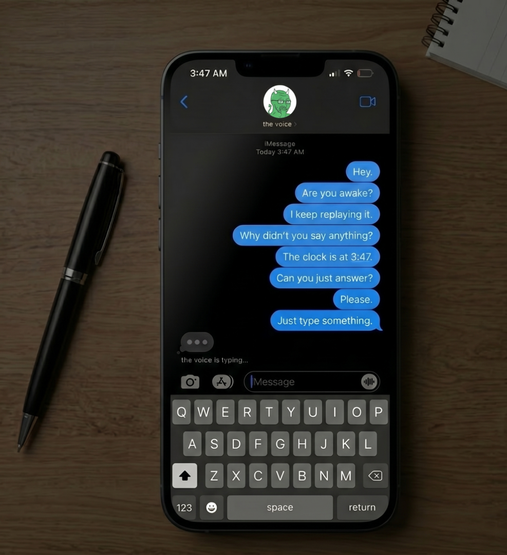 A phone chat with the voice typing at 3:47 AM.